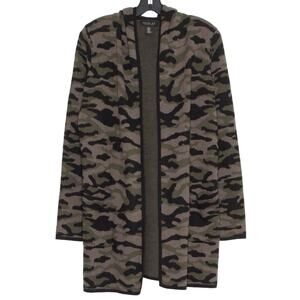 Rachel Zoe Camo Hooded Longline Cardigan Open Front Green Black Neutral Fall M